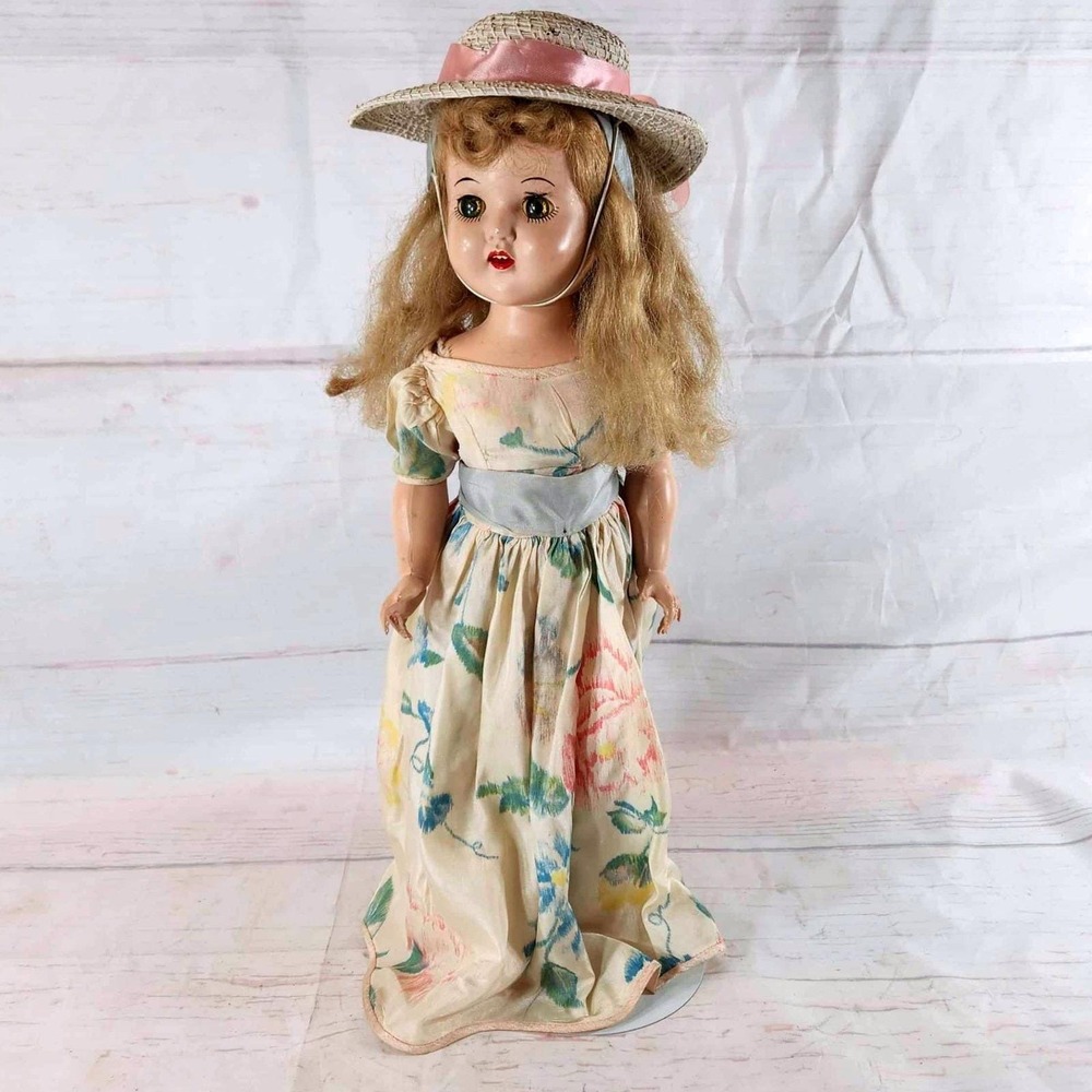 Vintage Horseman Cindy Doll 1950s‎ Hard Plastic Straw Hat Floral Dress 17.5 Inch